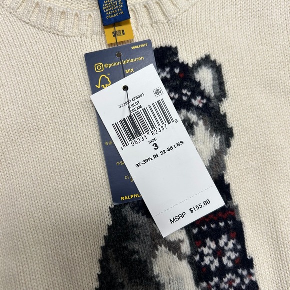 NWT Polo Ralph Lauren Dog Intarsia Crewneck Sweater Boys Size 3 Husky Cream - Picture 6 of 9